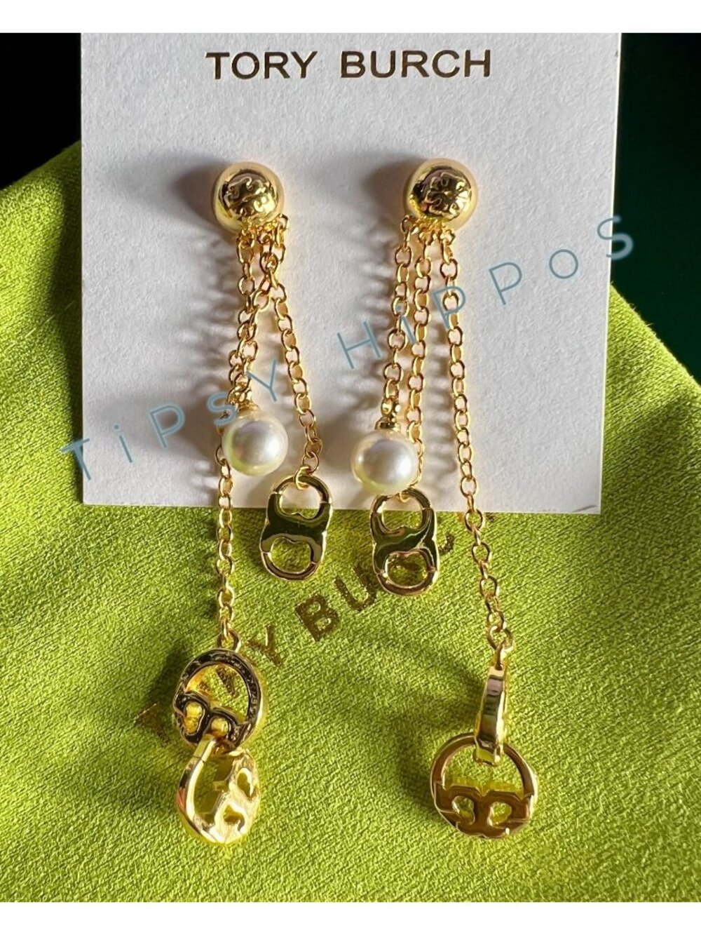 ***NEW!!! Tory Burch Gold & Pearl Chain Dangling Earrings